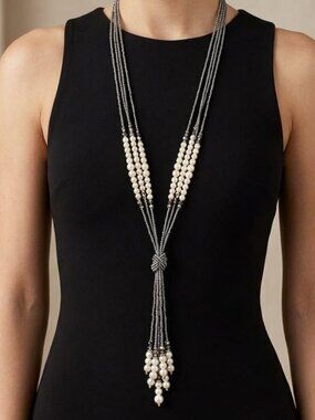 Long Beaded Necklace Silver Tone Seed Beads, White Pearls & Faceted Glass Beads